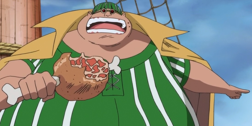 Lucky Roux munches on meat in One Piece
