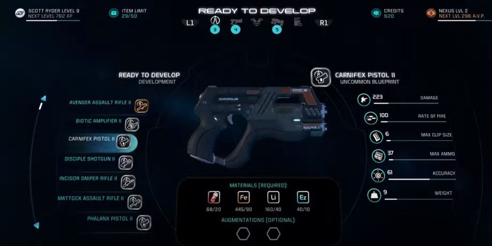 Mass Effect Andromeda Carnifex Pistol In Game Menu
