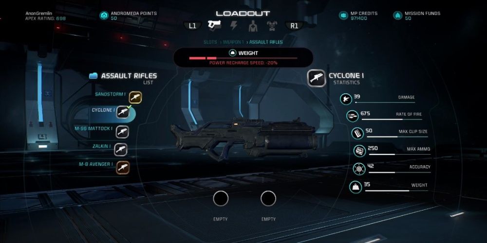 Mass Effect Andromeda Cyclone Assault Rifle In Game Menu