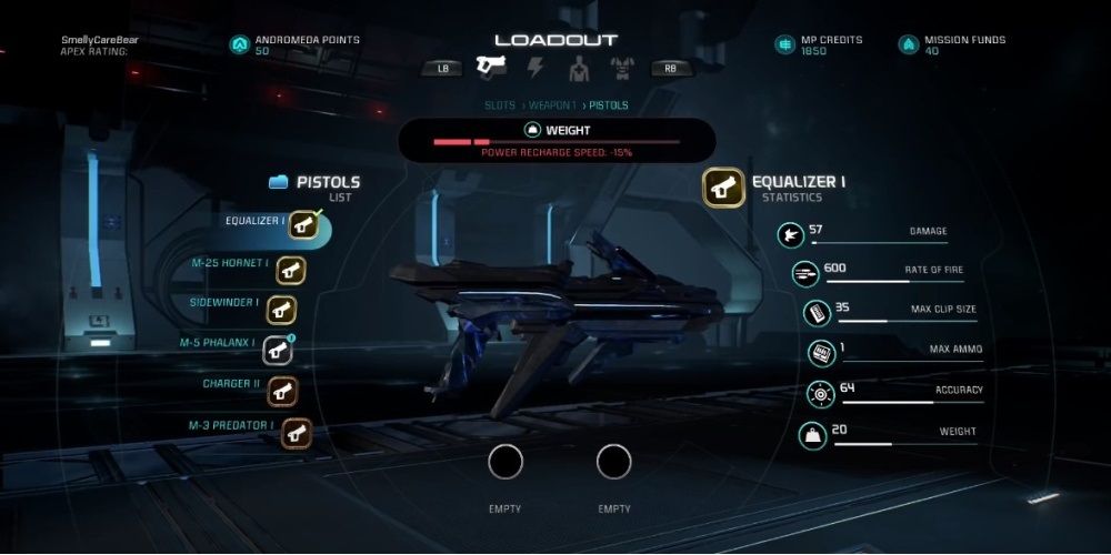 Mass Effect Andromeda Equalizer Pistol In Game Menu