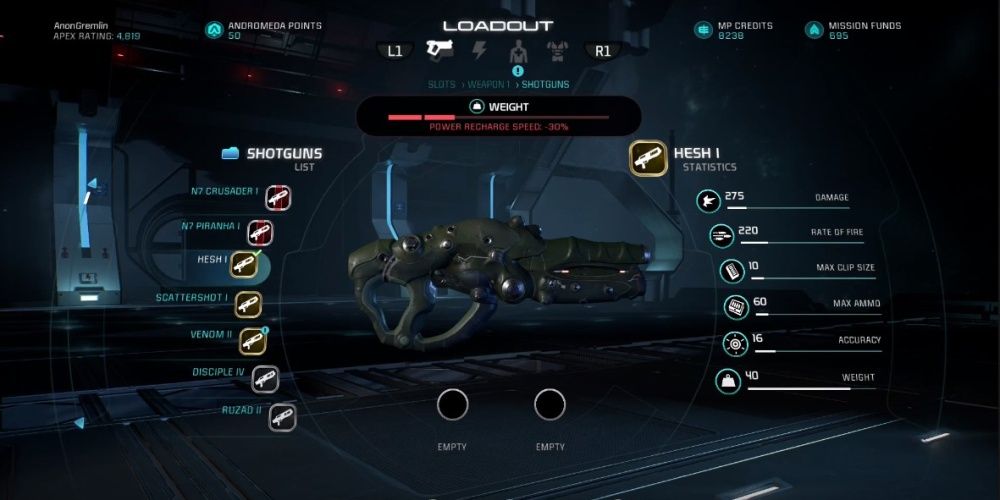 Mass Effect Andromeda Hesh Shotgun In Game Menu