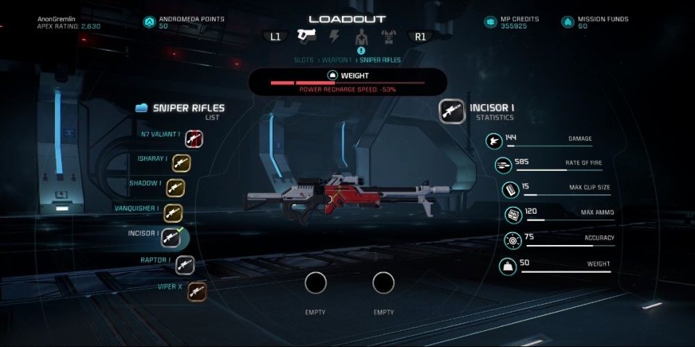 Mass Effect Andromeda Incisor Sniper Rifle In Game Menu