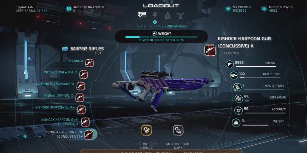 Mass Effect Andromeda Kishock Harpoon Gun Sniper Rifle In Game Menu