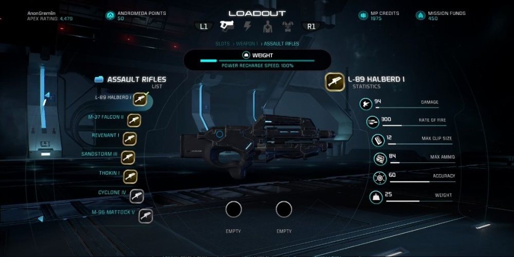 Mass Effect Andromeda L 89 Halberd Assault Rifle In Game Menu