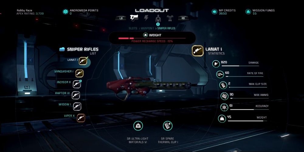 Mass Effect Andromeda Lanat Sniper Rifle In Game Menu