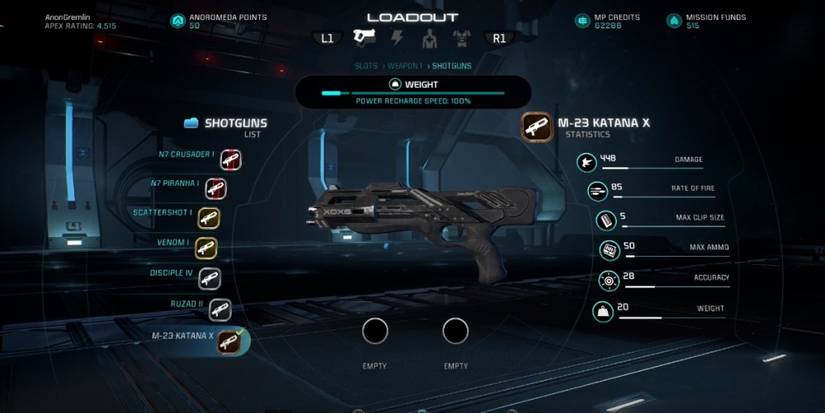 Mass Effect Andromeda M 23 Katana Shotgun In Game Menu