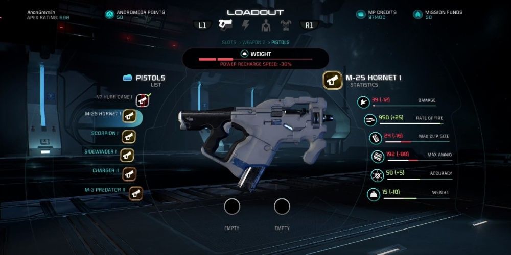 Mass Effect Andromeda M 25 Hornet Pistol In Game Menu