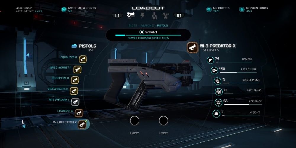 Mass Effect Andromeda M 3 Predator Pistol In Game Menu