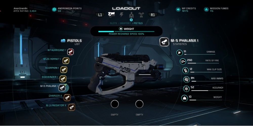 Mass Effect Andromeda M 5 Phalanx Pistol In Game Menu