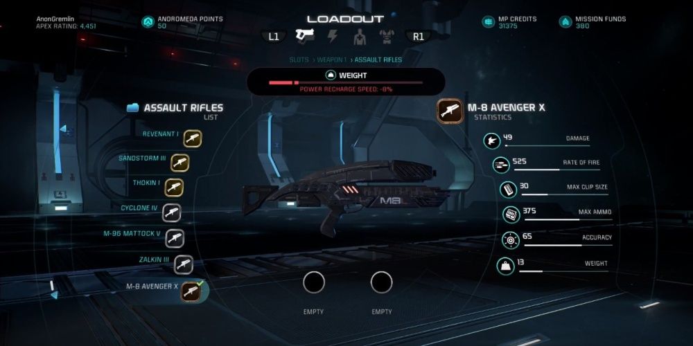 Mass Effect Andromeda M 8 Assault Rifle In Game Menu