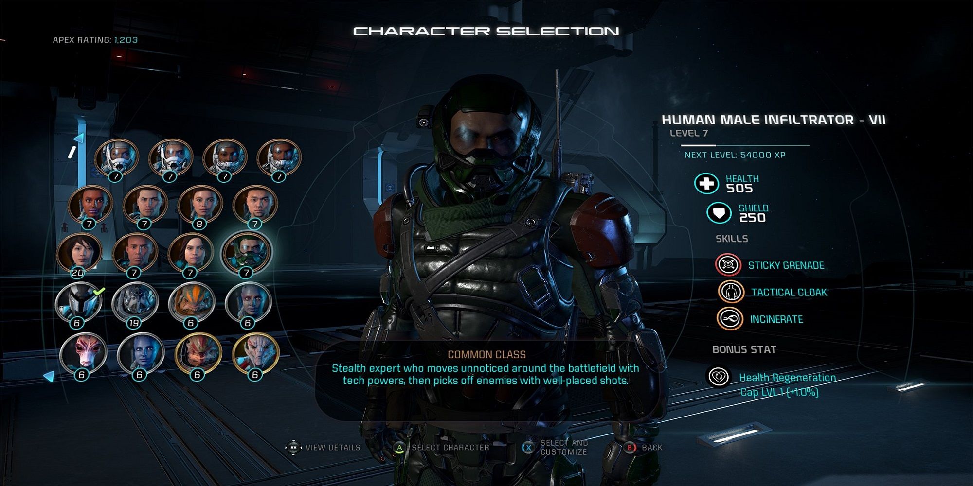 Mass Effect Andromeda Multplayer Character Select Screen
