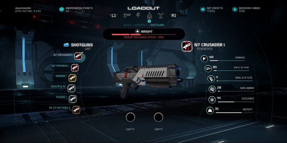 Mass Effect Andromeda N7 Crusader Shotgun In Game Menu