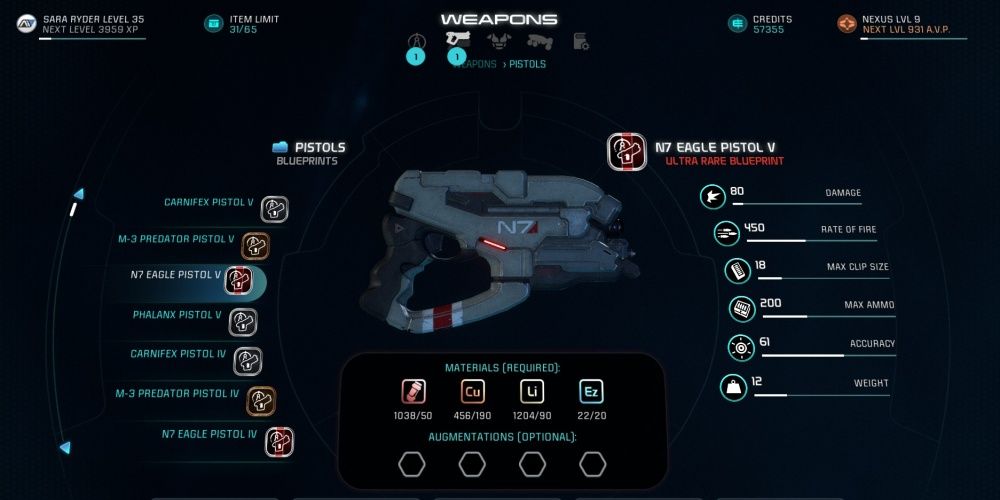 Mass Effect Andromeda N7 Eagle Pistol In Game Menu