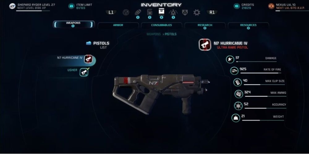 Mass Effect Andromeda N7 Hurricane Pistol In Game Menu