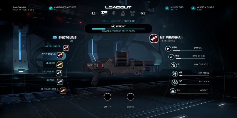 Mass Effect Andromeda N7 Piranha Shotgun In Game Menu