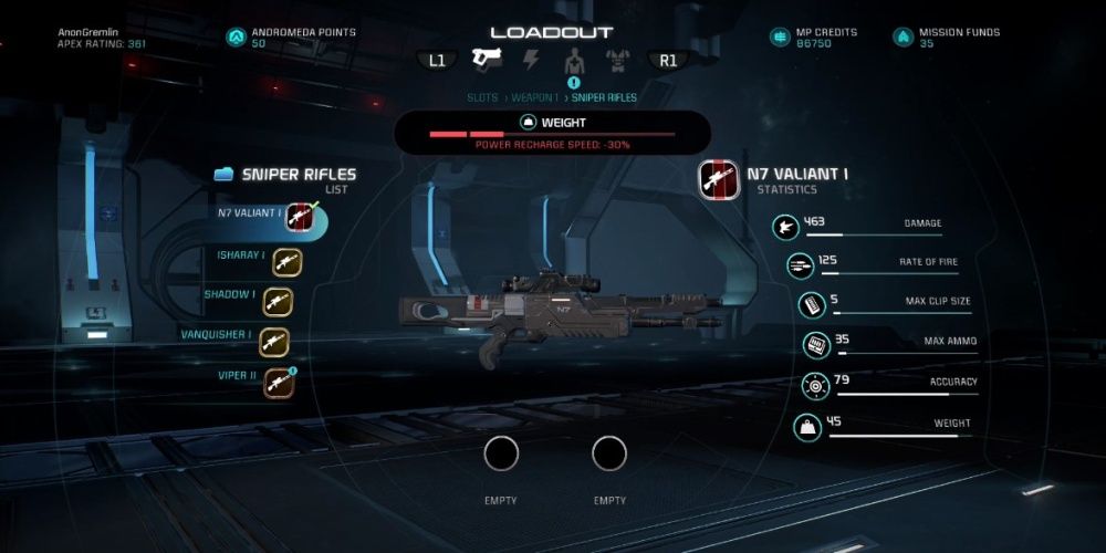 Mass Effect Andromeda N7 Valiant Sniper Rifle In Game Menu