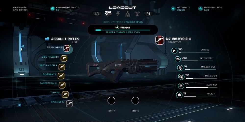 Mass Effect Andromeda N7 Valkyrie Assault Rifle In Game Menu