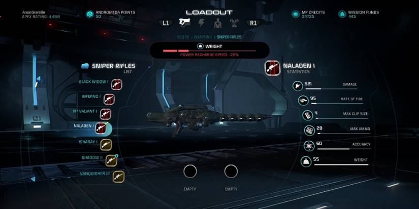 Mass Effect Andromeda Naladen Sniper Rifle In Game Menu
