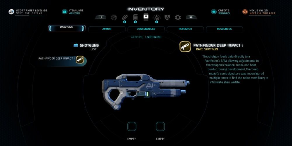 Mass Effect Andromeda Pathfinder Deep Impact Shotgun In Game Menu