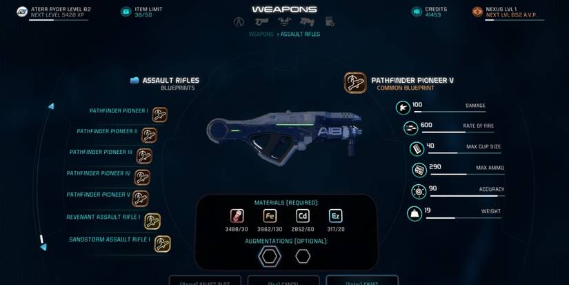 Mass Effect Andromeda Pathfinder Pioneer Assault Rifle In Game Menu