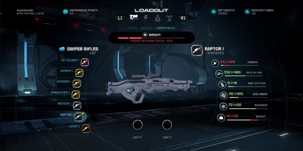 Mass Effect Andromeda Raptor Sniper Rifle In Game Menu