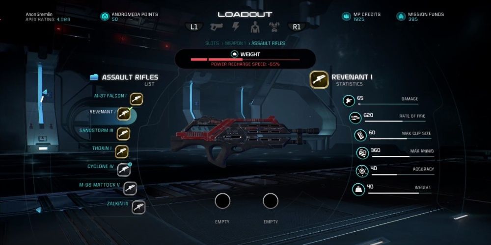 Mass Effect Andromeda Revenant Assault Rifle In Game Menu