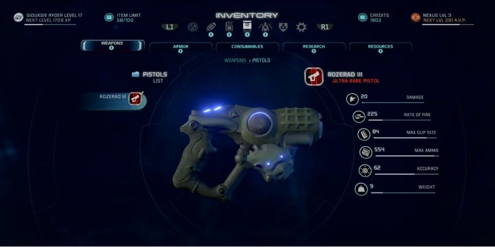Mass Effect Andromeda Rozerad Pistol In Game Menu