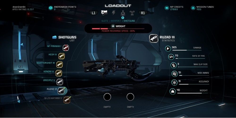 Mass Effect Andromeda Ruzad Shotgun In Game Menu