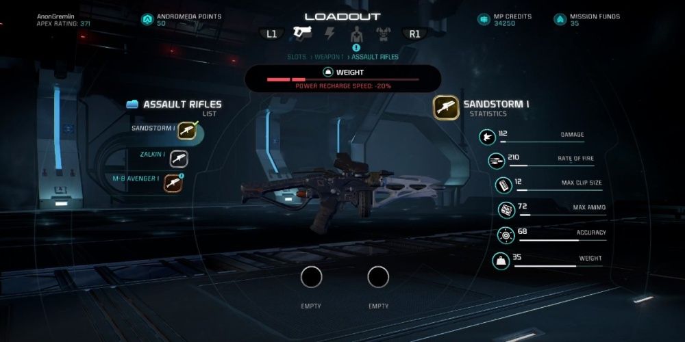 Mass Effect Andromeda Sandstorm Assault Rifle In Game Menu