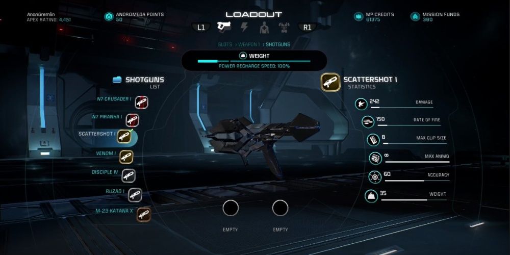 Mass Effect Andromeda Scattershot Shotgun In Game Menu