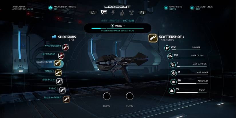 Mass Effect Andromeda Scattershot Shotgun In Game Menu
