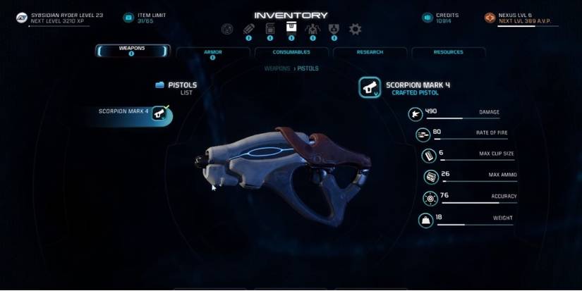 Mass Effect Andromeda Scorpion Pistol In Game Menu