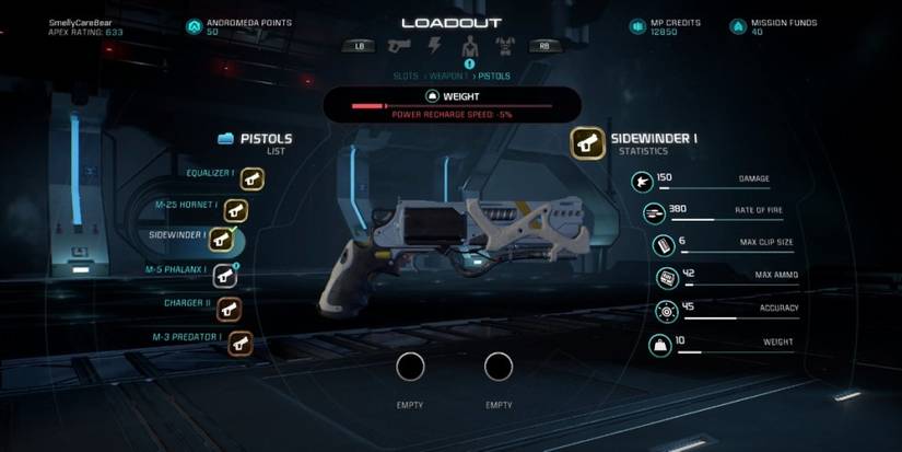Mass Effect Andromeda Sidewinder Pistol In Game Menu