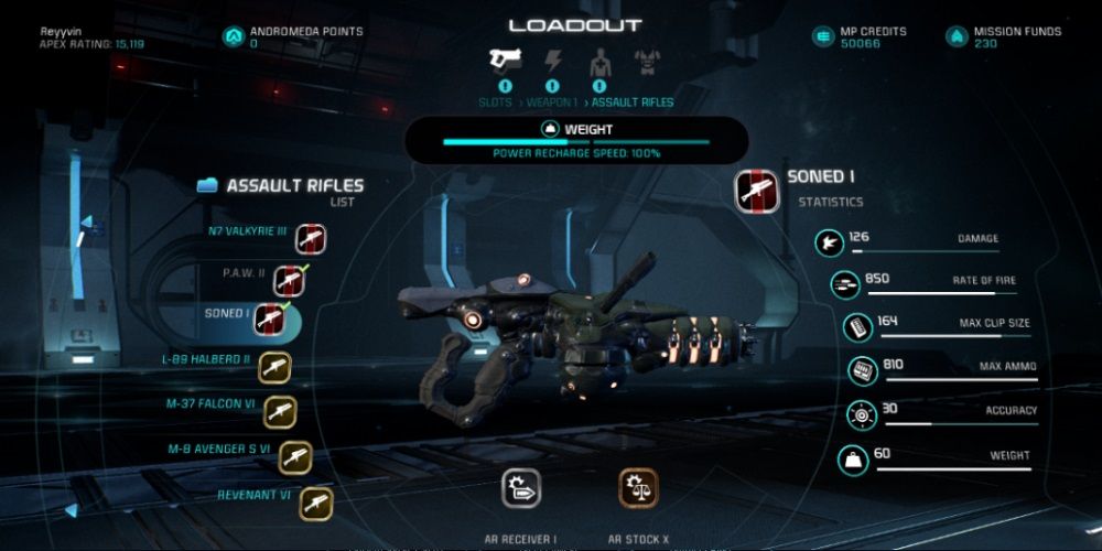 Mass Effect Andromeda Soned Assault Rifle In Game Menu