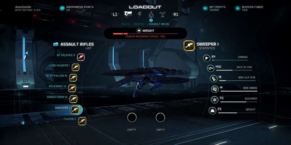 Mass Effect Andromeda Sweeper Assault Rifle In Game Menu