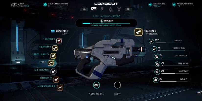 Mass Effect Andromeda Talon Pistol In Game Menu