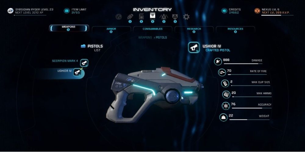 Mass Effect Andromeda Ushior Pistol In Game Menu