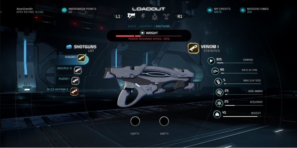 Mass Effect Andromeda Venom Shotgun In Game Menu