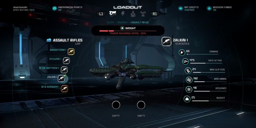 Mass Effect Andromeda Zalkin Assault Rifle In Game Menu