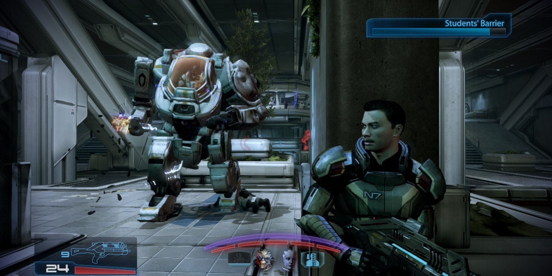 Commander Shepard (right) hiding from an enemy in Mass Effect 1