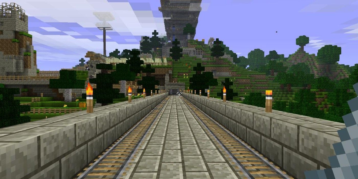 Minecraft highway railroad to town scenery in distance