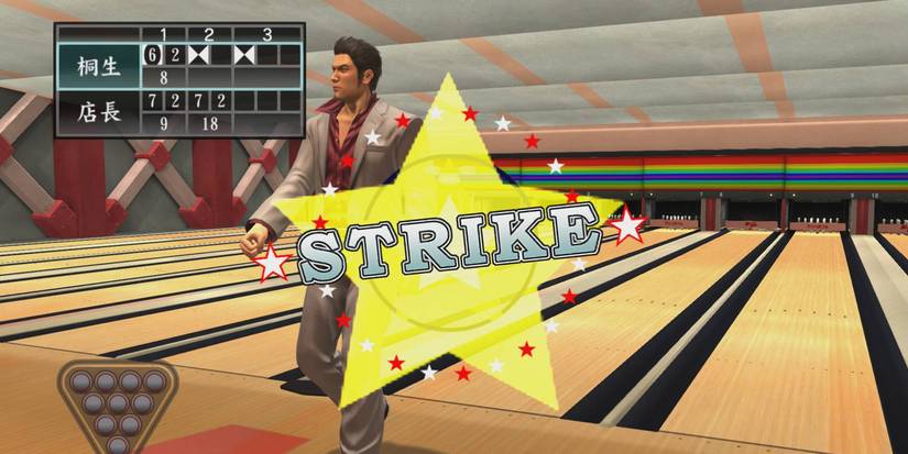 Kiryu Walking Away From A Strike While Bowling