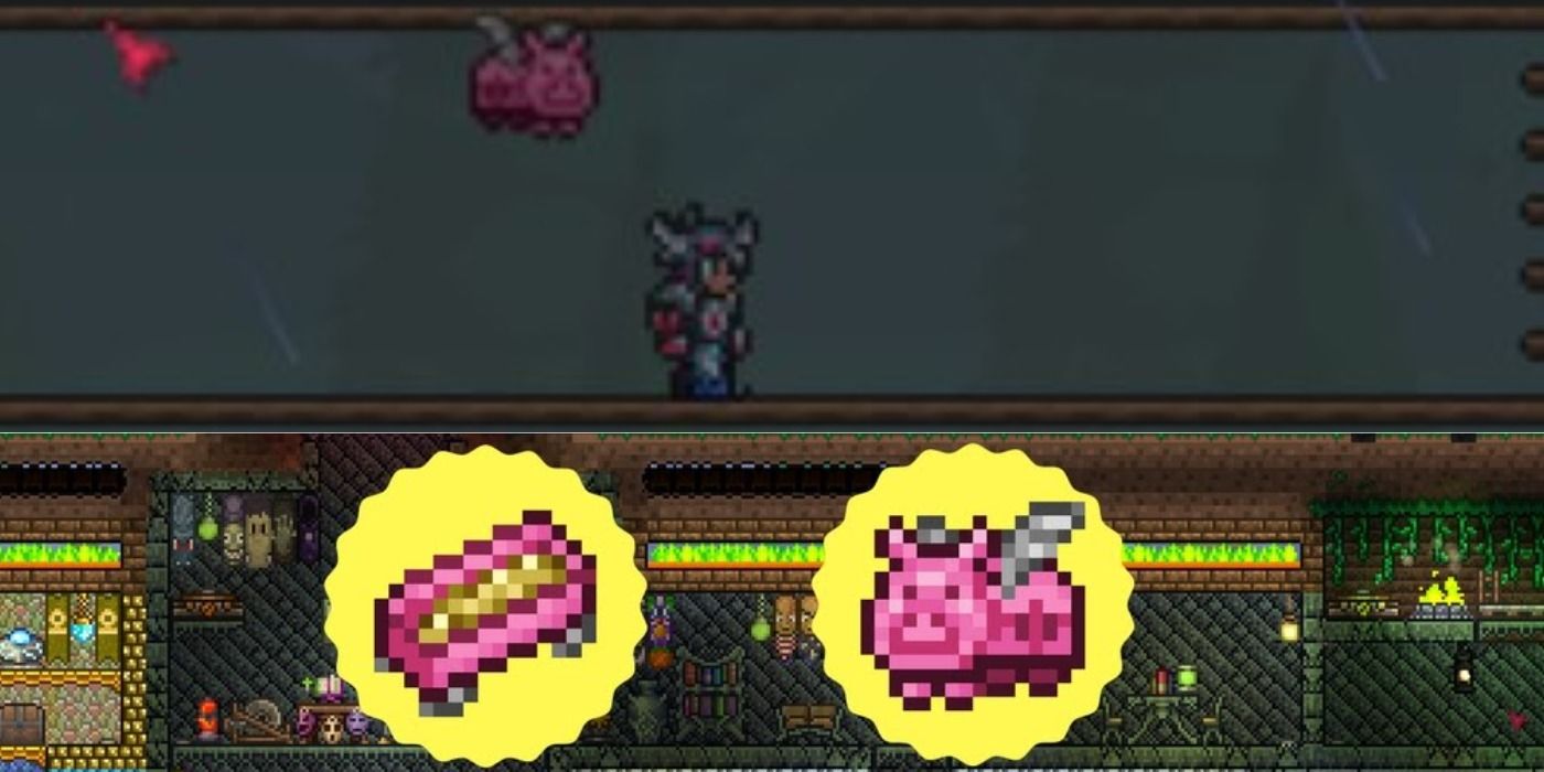 Terraria character walking with a flying pig behind him and the icons for money trough below it