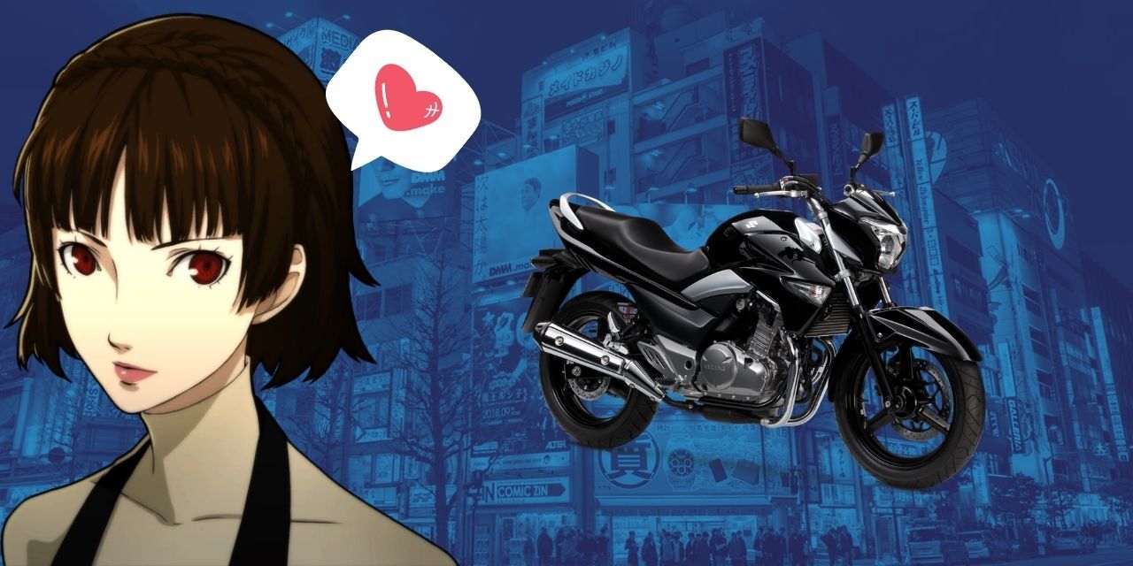 A picture of Makoto Niijima from Persona 5 royal against a blue background with a motorbike figure