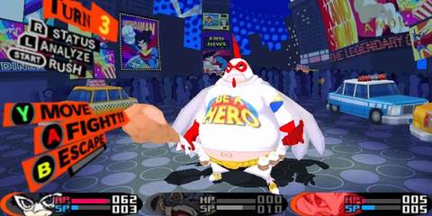 Persona Q2 for the 3DS. Confronting a large chicken wielding drumstick.
