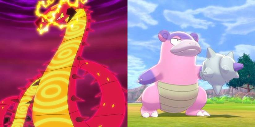 Gigantamax Centiskorch in Pokemon anime and Galarian Slowbro in Sword and Shield
