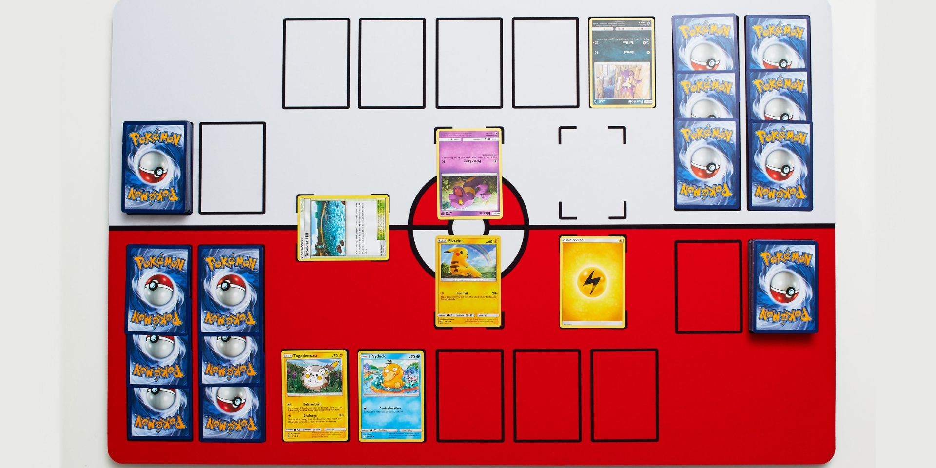 guide image for how to play the pokemon trading card game on a physical play mat displaying where all cards go.