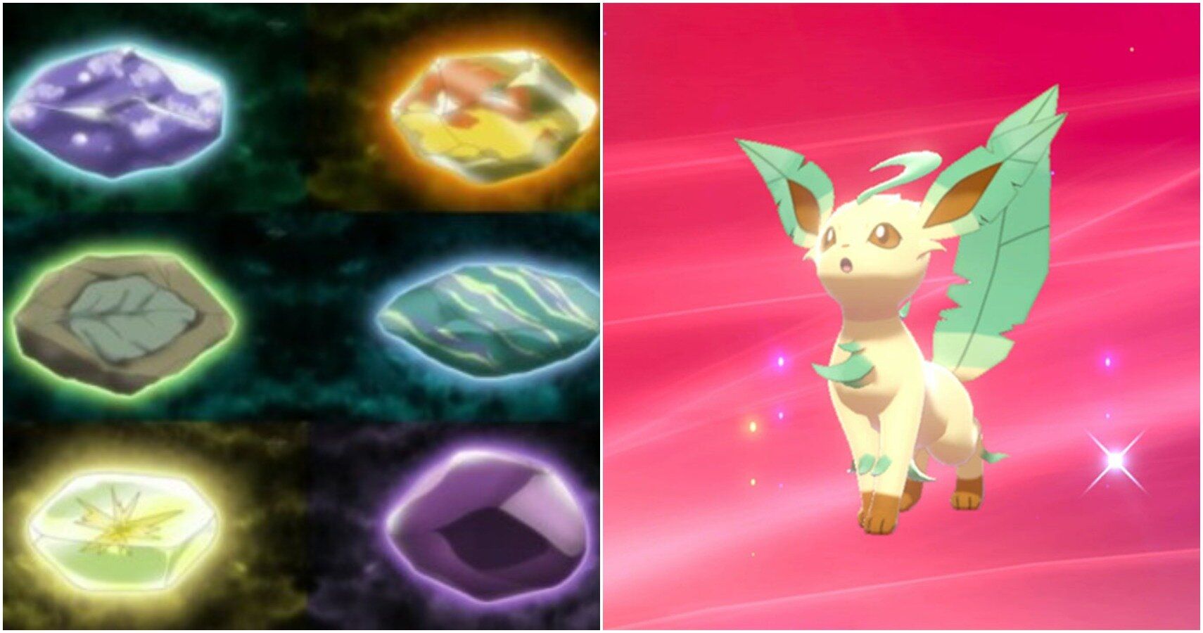 split image of evolution stones and leafeon