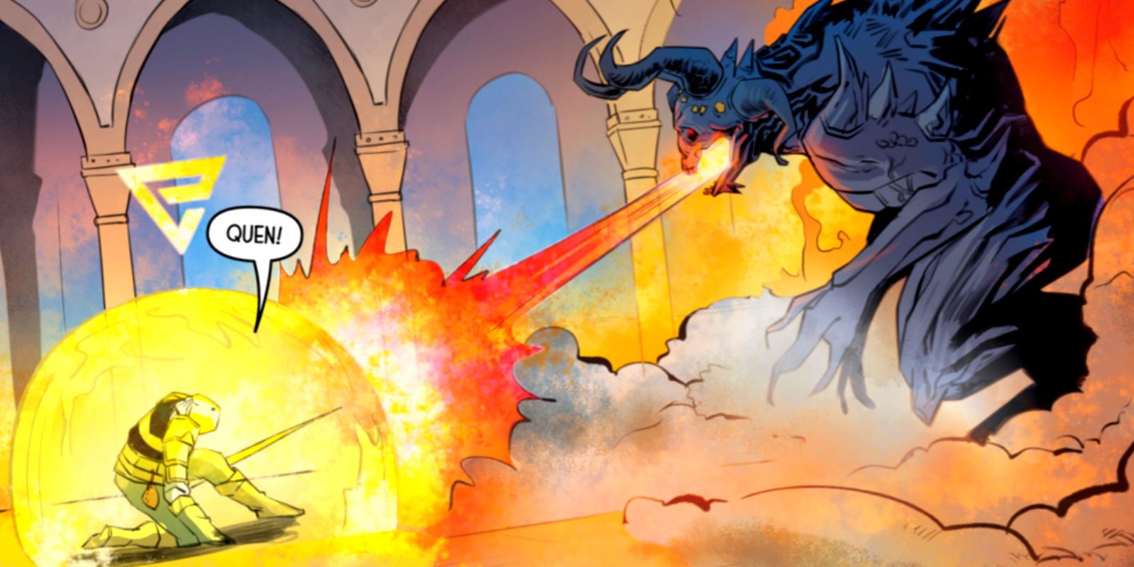 a witcher casting the quen sign when attacked by the fire breath of a monster in the witcher graphic novel