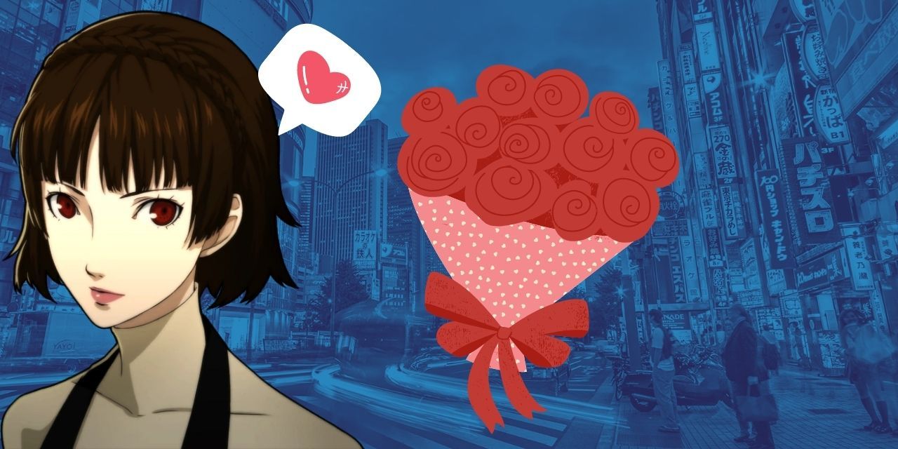 A picture of Makoto Niijima from Persona 5 royal against a blue background with a rose bouuquuet